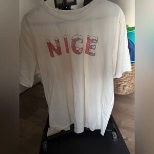 White T-Shirt with Red 'Nice' Graphic